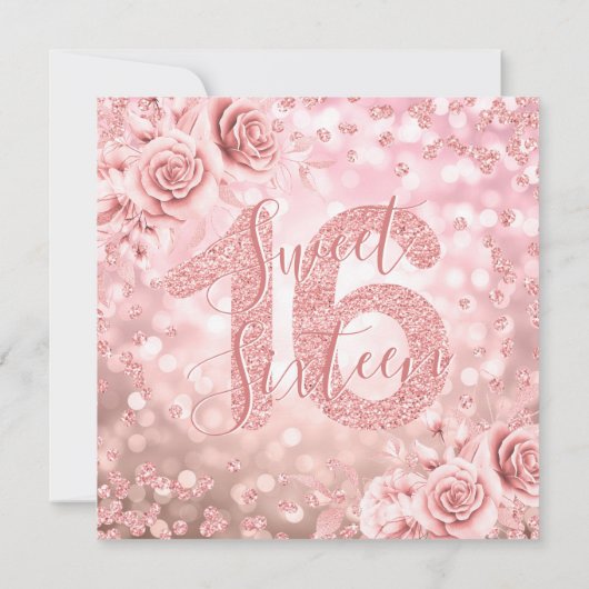 バラ金ゴールドスイート16誕生日グリッターライトフローラ 招待状 (裏面)