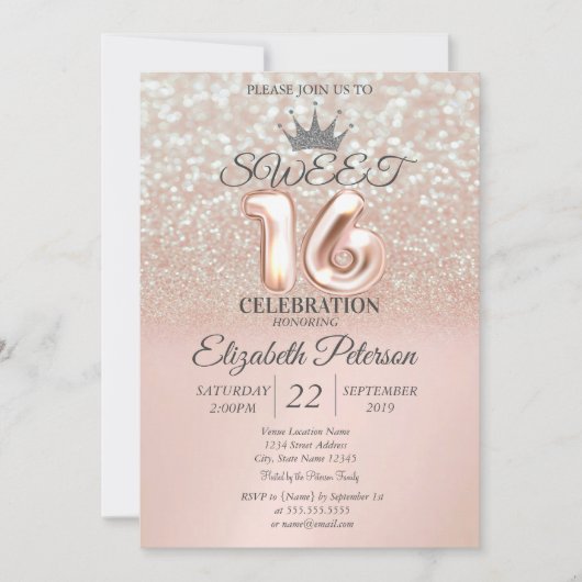 バラ金ゴールドスウィート16グリッターグラデーション《写真》ぼけ味ティアラ 招待状 (正面)