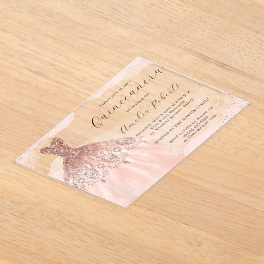 バラ金ゴールドスエレガントパークルドレスキンセアニェラ アクリル招待状 (レイダウン)