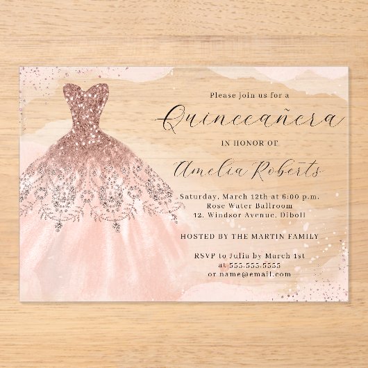 バラ金ゴールドスエレガントパークルドレスキンセアニェラ アクリル招待状 (正面)