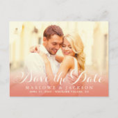 バラ金ゴールドスクリプトオーバーレイフォト日付の保存アイボリー 案内ポストカード (正面)