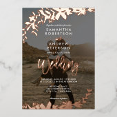 バラ金ゴールドスクリプトタイポグラフィフローラ結婚写真 箔招待状 (正面)