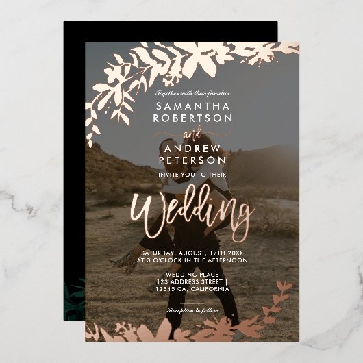 バラ金ゴールドスクリプトタイポグラフィフローラ結婚写真 箔招待状 (正面/裏面)