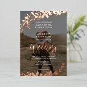 バラ金ゴールドスクリプトタイポグラフィフローラ結婚写真 箔招待状 (立ち正面)