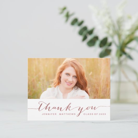 バラ金ゴールドスクリプトフォト卒業ありがとう ポストカード (スタンド正面)