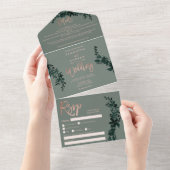 バラ金ゴールドスクリプトフローラセージ緑のエレガントな結婚式 オールインワン招待状 (貼ってはがせる)