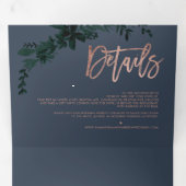 バラ金ゴールドスクリプトフローラブルー優雅な結婚式 三つ折り招待状 (内部最初)