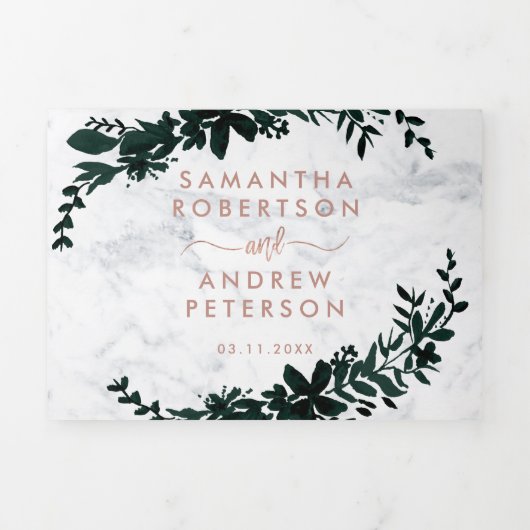 バラ金ゴールドスクリプトフローラ白結婚大理石 三つ折り招待状 (カバー)