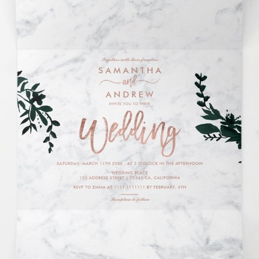 バラ金ゴールドスクリプトフローラ白結婚大理石 三つ折り招待状 (内部中)