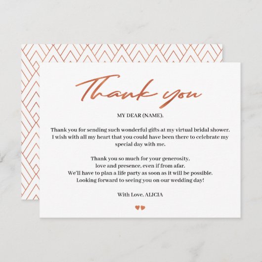 バラ金ゴールドスクリプトブライダル仮想シャワー感謝していユー サンキューカード (正面/裏面)