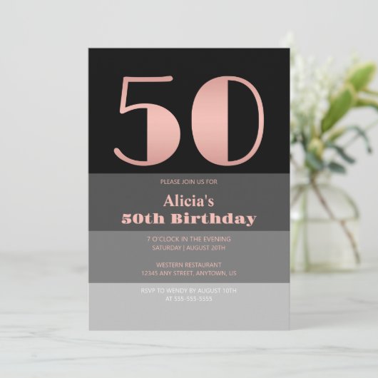 バラ金ゴールドスクリプトブラックグレーストライプ誕生日50th 招待状 (スタンド正面)