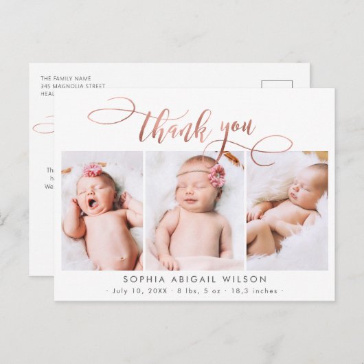 バラ金ゴールドスクリプトベビーガール写真コラージュありがとう ポストカード (正面/裏面)