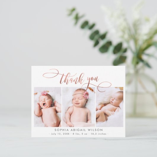 バラ金ゴールドスクリプトベビーガール写真コラージュありがとう ポストカード (スタンド正面)
