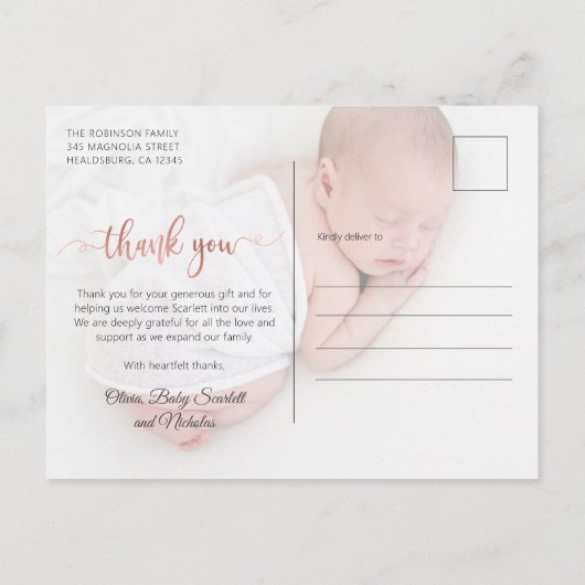 バラ金ゴールドスクリプトミニマルベビー写真ありがとう ポストカード (裏面)