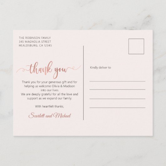 バラ金ゴールドスクリプト女の子ツインズベビー写真ありがとう ポストカード (裏面)