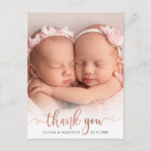 バラ金ゴールドスクリプト女の子ツインズベビー写真ありがとう ポストカード (正面)