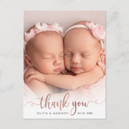 バラ金ゴールドスクリプト女の子ツインズベビー写真ありがとう ポストカード (正面)