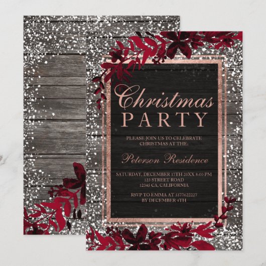 バラ金ゴールドスクリプト赤葉雪木クリスマス 招待状 (正面/裏面)