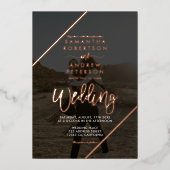 バラ金ゴールドスストライプクリプト結婚シックの2枚の写真 箔招待状 (正面)