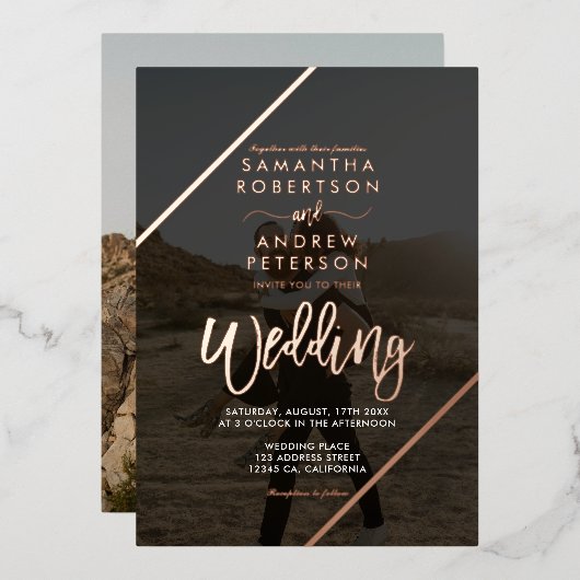 バラ金ゴールドスストライプクリプト結婚シックの2枚の写真 箔招待状 (正面/裏面)