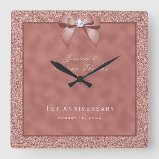 バラ金ゴールドスタイリッシュとグリッター1st結婚s スクエア壁時計 (正面)