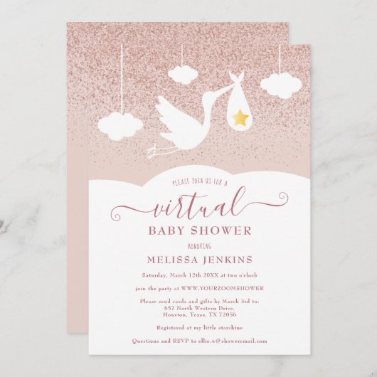 バラ金ゴールドスターストークグリッターバーチャルベビーシャワー 招待状 (正面/裏面)