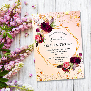 バラ金ゴールドスター花模様誕生日の招待マグネット マグネット招待状