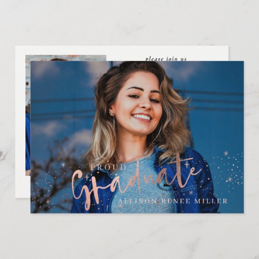 バラ金ゴールドスター誇りを持った大学院写真卒業 招待状 (正面/裏面)