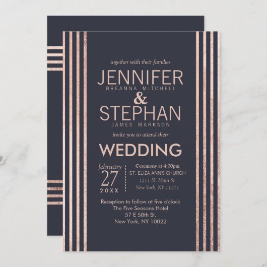 バラ金ゴールドストライプとネイビーブルー結婚式招待状 招待状 (正面/裏面)