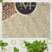 バラ金ゴールドストライプのグリッターレオパードモノグラム キッチンタオル (折り畳み)