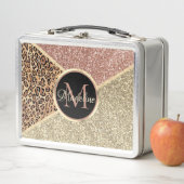 バラ金ゴールドストライプのグリッターレオパードモノグラム メタルランチボックス (インサイチュ)