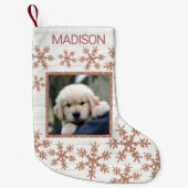 バラ金ゴールドスノーフレークおもしろいキッズまたはペットの写真 スモールクリスマスストッキング (正面)