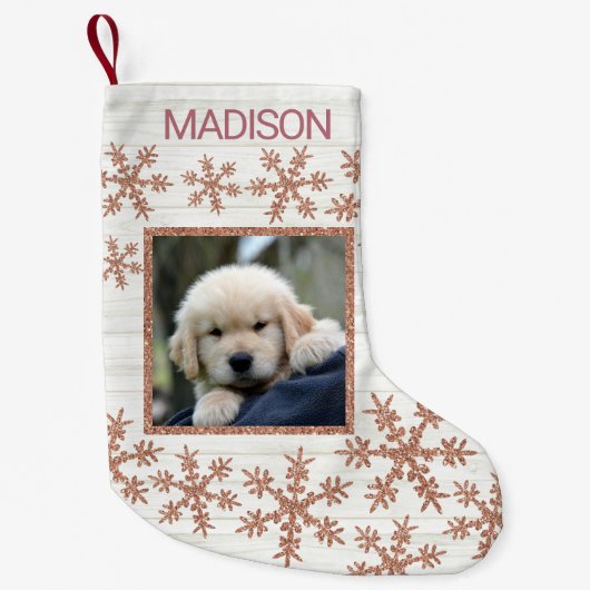 バラ金ゴールドスノーフレークおもしろいキッズまたはペットの写真 スモールクリスマスストッキング (正面)