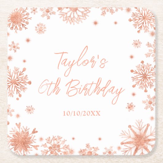 バラ金ゴールドスノーフレークスバースデーパーティー スクエアペーパーコースター (正面)