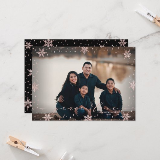 バラ金ゴールドスノーフレークスピース&ラブフォトクリスマス カード (正面/裏面インサイチュ)