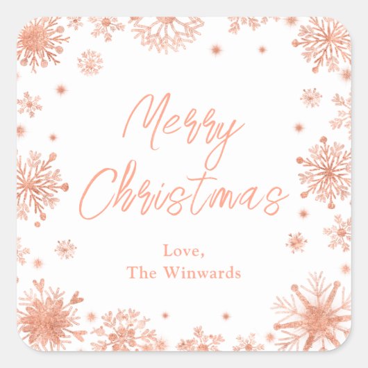 バラ金ゴールドスノーフレークスメリークリスマス スクエアシール (正面)