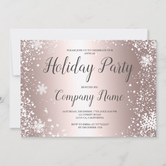 バラ金ゴールドスノーフレークタイポグラフィ企業のクリスマス 招待状 (正面)