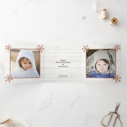 バラ金ゴールドスノーフレーク素朴クリスマス4写真 三つ折りクリスマスカード (内部)