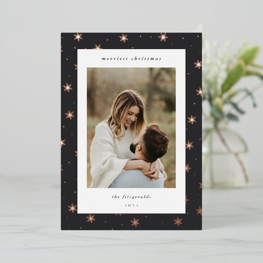 バラ金ゴールドスノーフレーク縁どクリスマスフォト 箔シーズンカード (立ち正面)