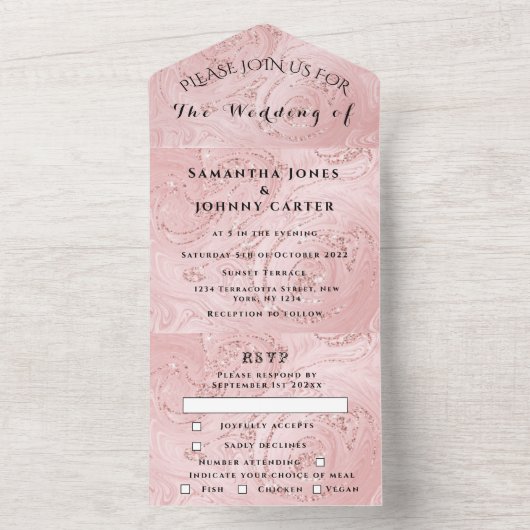 バラ金ゴールドスパークルエレガントRSVPモダン結婚の全て オールインワン招待状 (内側)