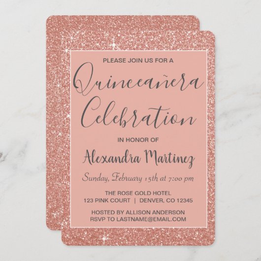 バラ金ゴールドスパークルグリッターキンセアニェラお祝い 招待状 (正面/裏面)