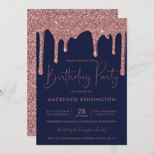バラ金ゴールドスパークルグリッタードリップスネイビーブルー誕生日 招待状 (正面/裏面)