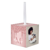 バラ金ゴールドスパークルグリッタードリップスモノグラムフォト キューブオーナメント (裏面アングル)