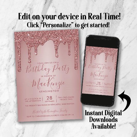 バラ金ゴールドスパークルグリッタードリップズ任意の年の誕生日 招待状