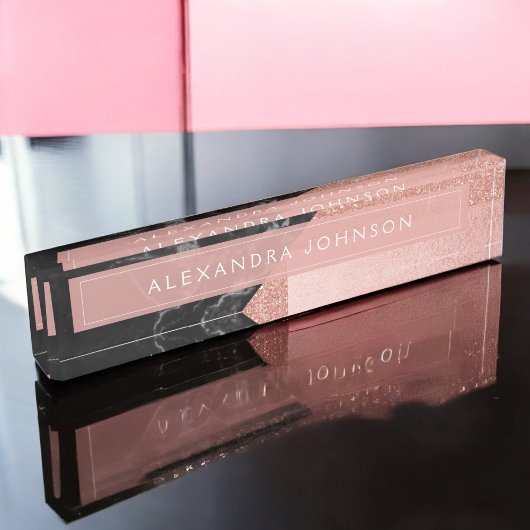 バラ金ゴールドスパークルグリッターフォイルと黒大理石 デスクネームプレート