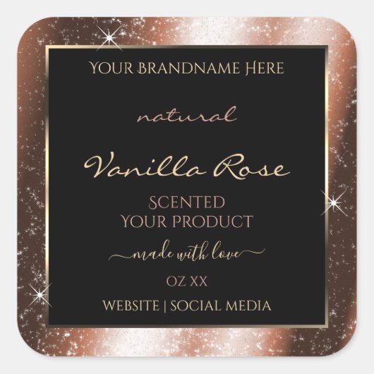 バラ金ゴールドスパークルグリッターフレームGlam製品ラベル スクエアシール (正面)