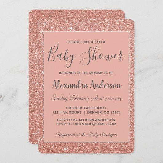 バラ金ゴールドスパークルグリッターベビーシャワー招待状 招待状 (正面/裏面)
