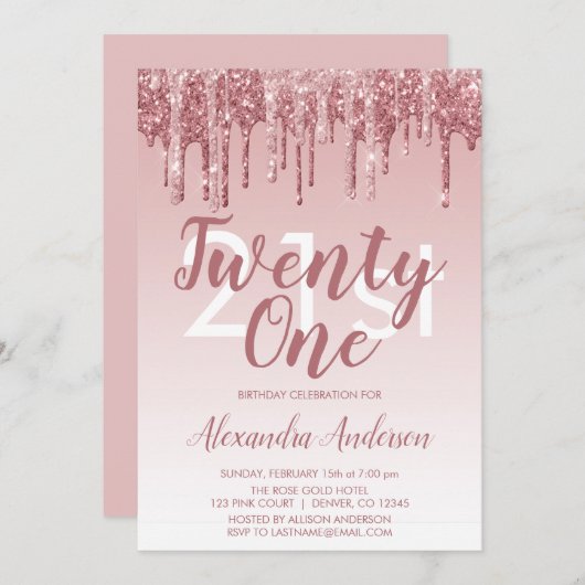 バラ金ゴールドスパークルグリッター21st誕生日パーティー 招待状 (正面/裏面)