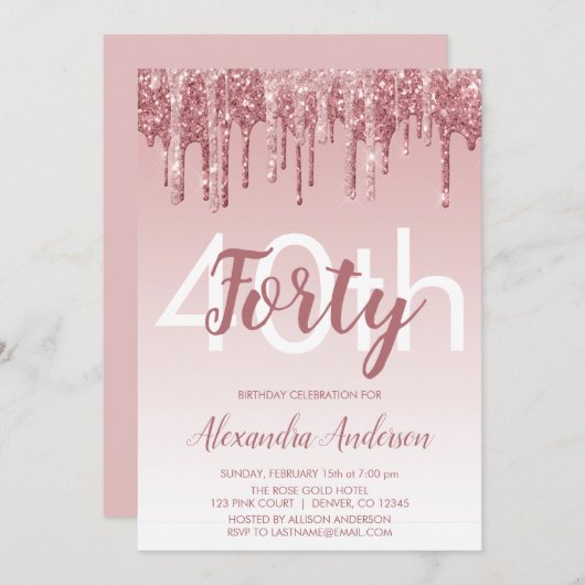 バラ金ゴールドスパークルグリッター40th誕生日パーティー 招待状 (正面/裏面)