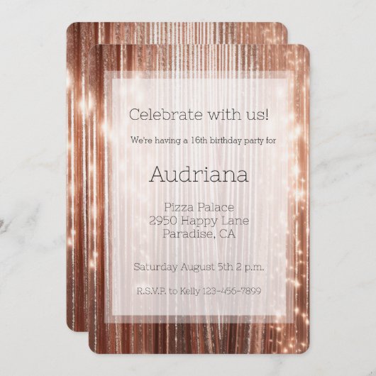 バラ金ゴールドスパークルタンストライプセル誕生日16th 招待状 (正面/裏面)